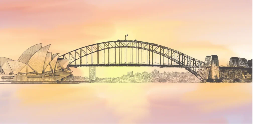 Watercolour and pencil sketch of Sydney Skyline showing Bridge as focus with Opera House to the side