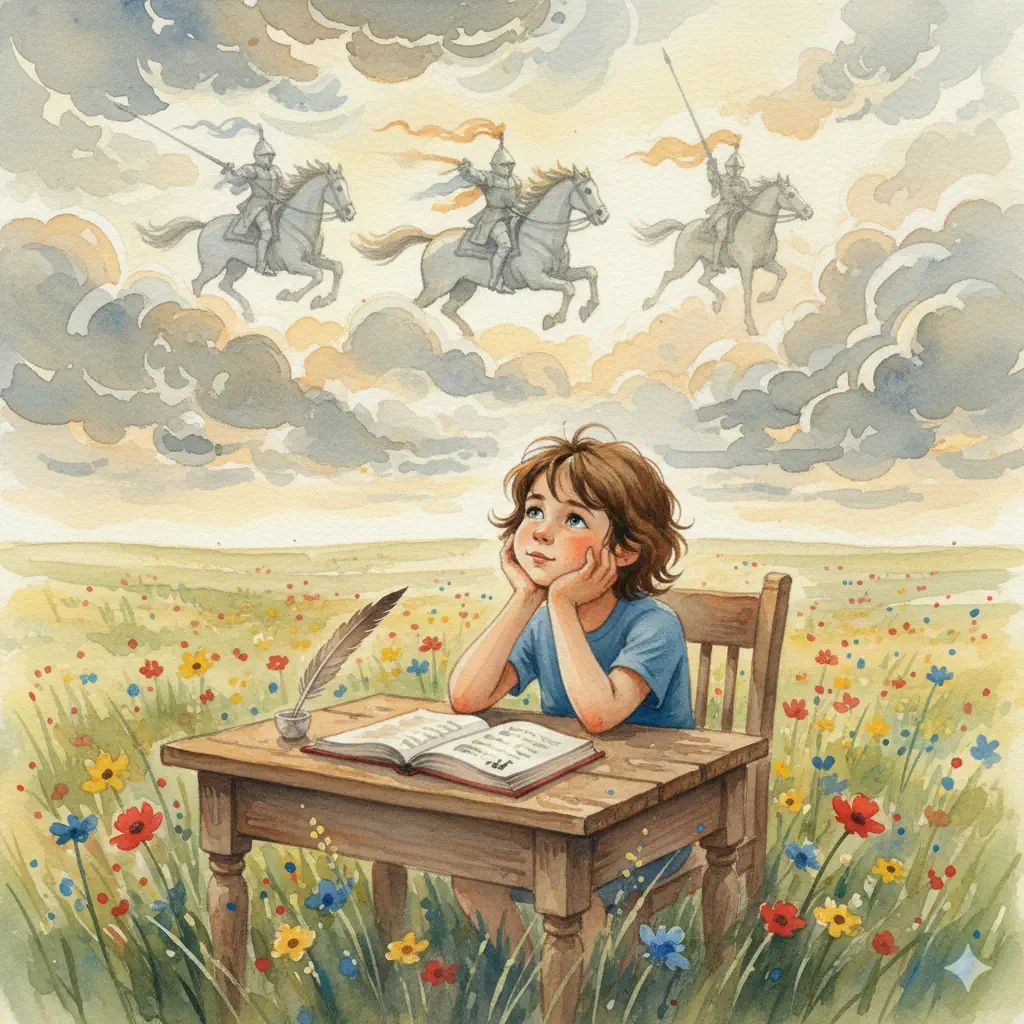 boy sitting on a desk in the middle of a field looking up at the clouds where images of knights on horseback appear