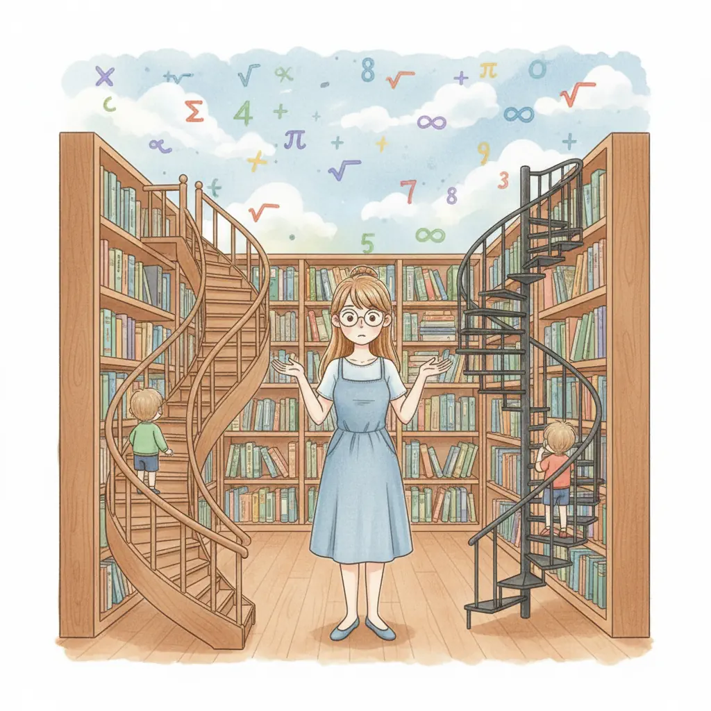 a woman standing between two staircases in a library.
